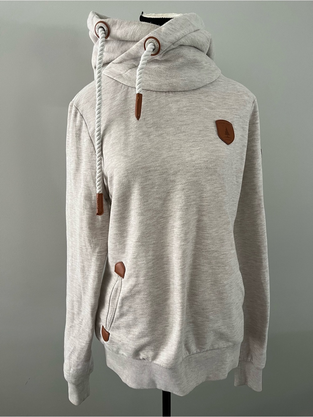 Wanakome Women's Hoodie in Light Taupe with Leather Trim